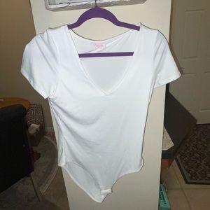 New Pink Lily White V-Neck Bodysuit